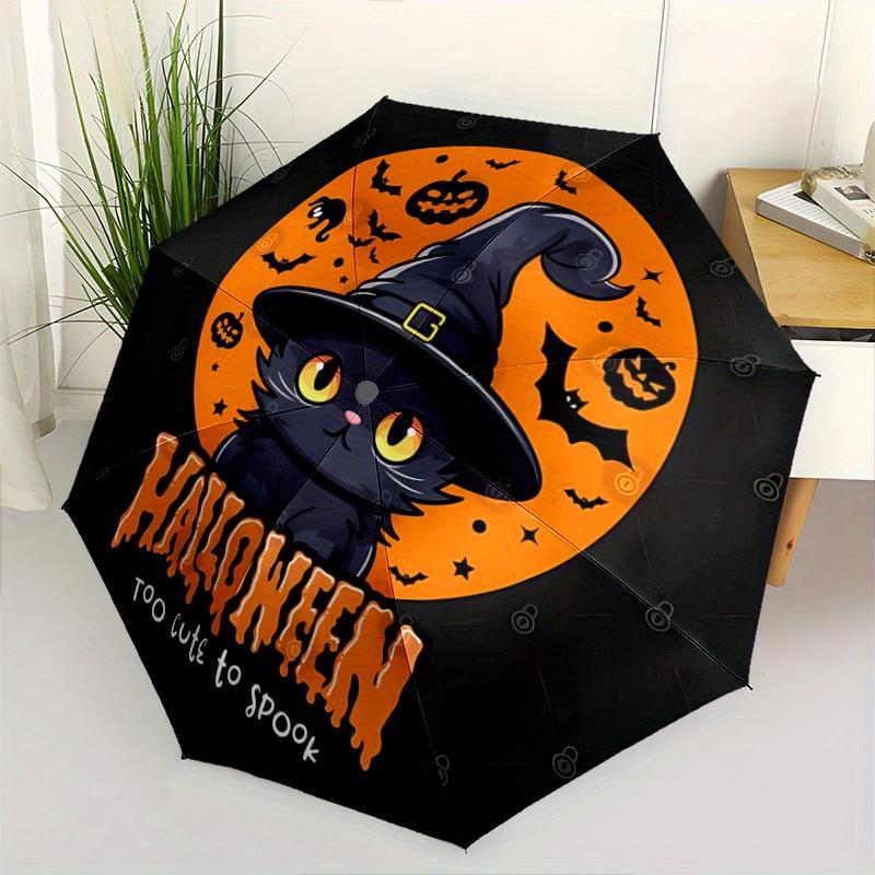 1pc Cute Happy Halloween Cat Witch Hat Automatic 3-Fold Umbrella Design, Cute Cartoon Pattern, Portable Outdoor Umbrella, Perfect, Holiday G