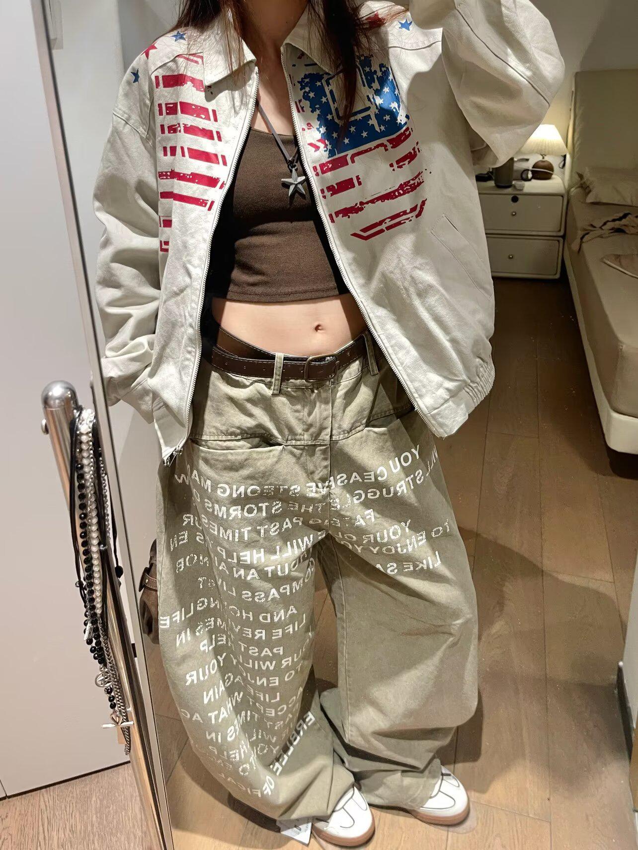 

American Retro Letter Print Distressed Flare Jeans – Unisex Fashion Trend L: height 155-165CM (weight 109-120 Jin)
