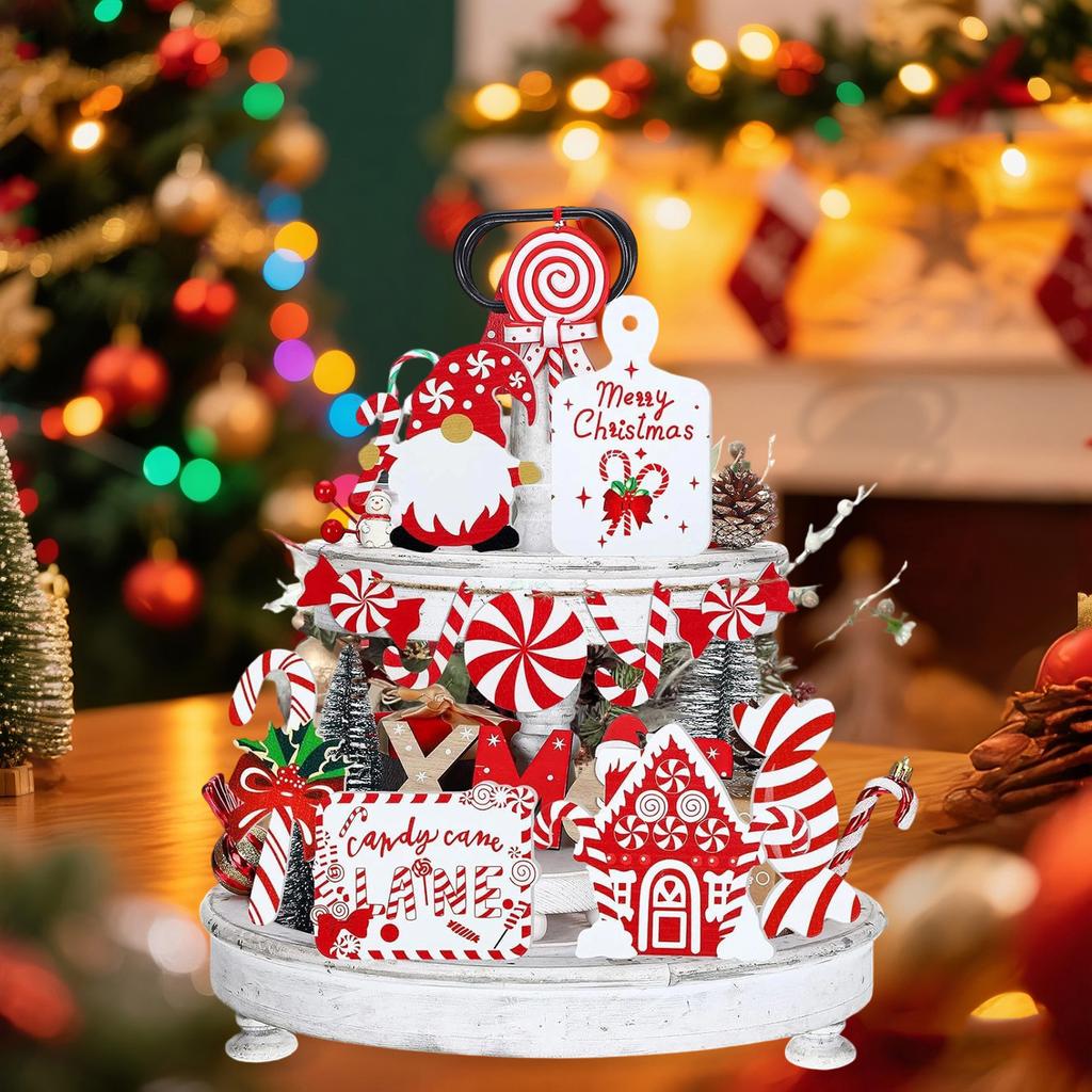 Festive Christmas Tiered Tray Decor Set with Colorful Gnomes and Wooden Farmhouse Accents for Home and Party Décor