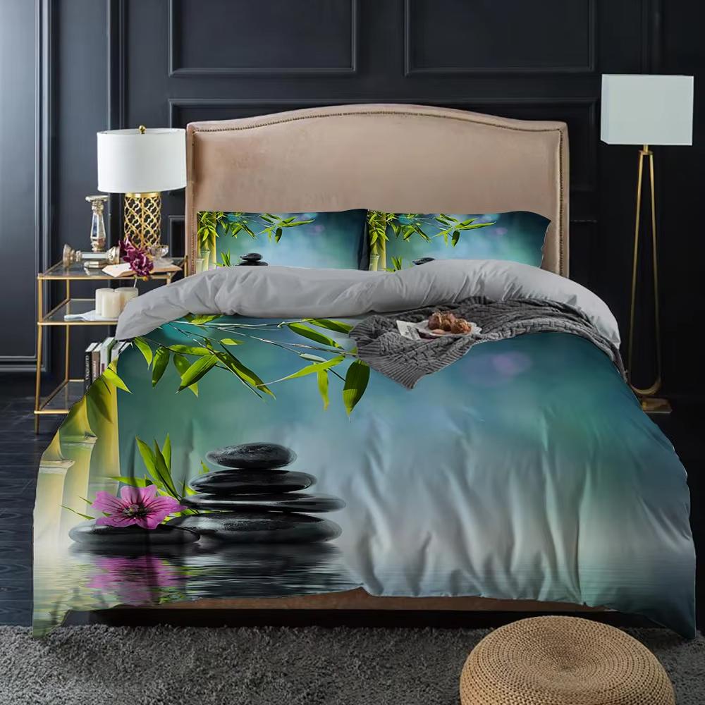 Comforter Zen Stone Green Bamboo Nature Water Print Bedding Set Queen King Size Bedroom Decorative Comforter 2/3 Pcs