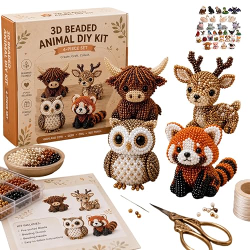Tiny 3D Beaded Animal DIY Kit, Easy DIY Beading Embroidery Kit With 4 Cute Designs, 3D Animal Themed Beadwork Kit For Beginners