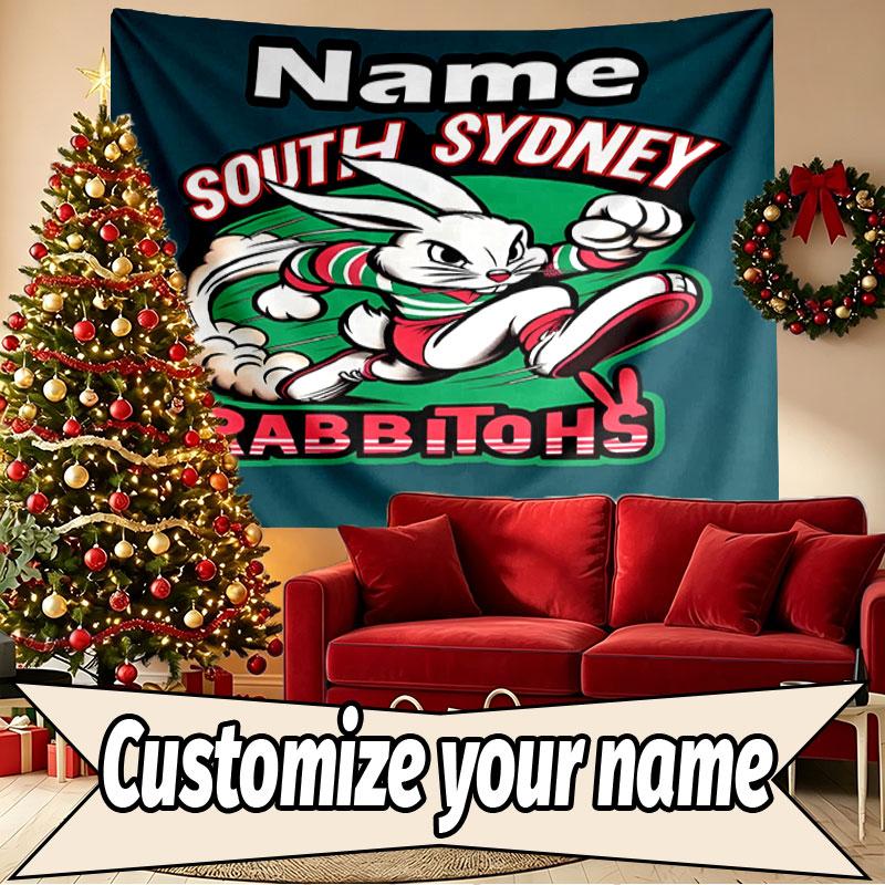 Custom Name Personalized South Sydney Rabbitohs Print Tapestry, Wall Art Decor, Bedroom, Dorm, Apartment, LivingRoom, Party Backdrop, Gift for Birthda