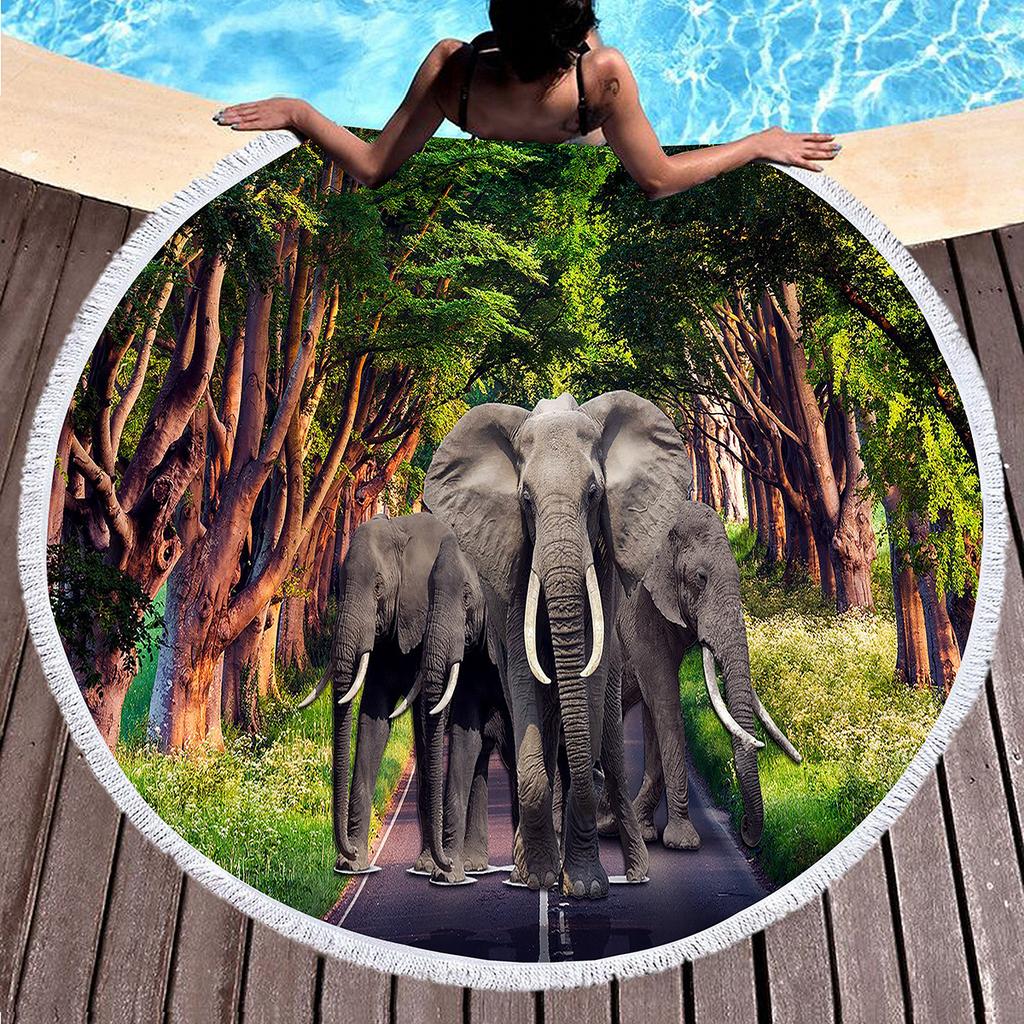 Wild Elephant Round Beach Towel,Microfiber Sand Resistant Beach Blanket,Soft Absorbent Quick Dry Portable Pool Towel Picnic Mat