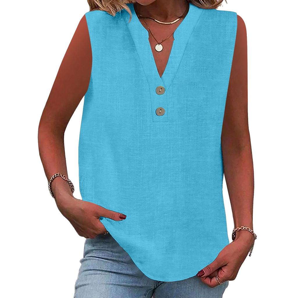 Women's Fashion Loose Standing Collar Button Cotton T-Shirt Solid Color Sleeveless Top