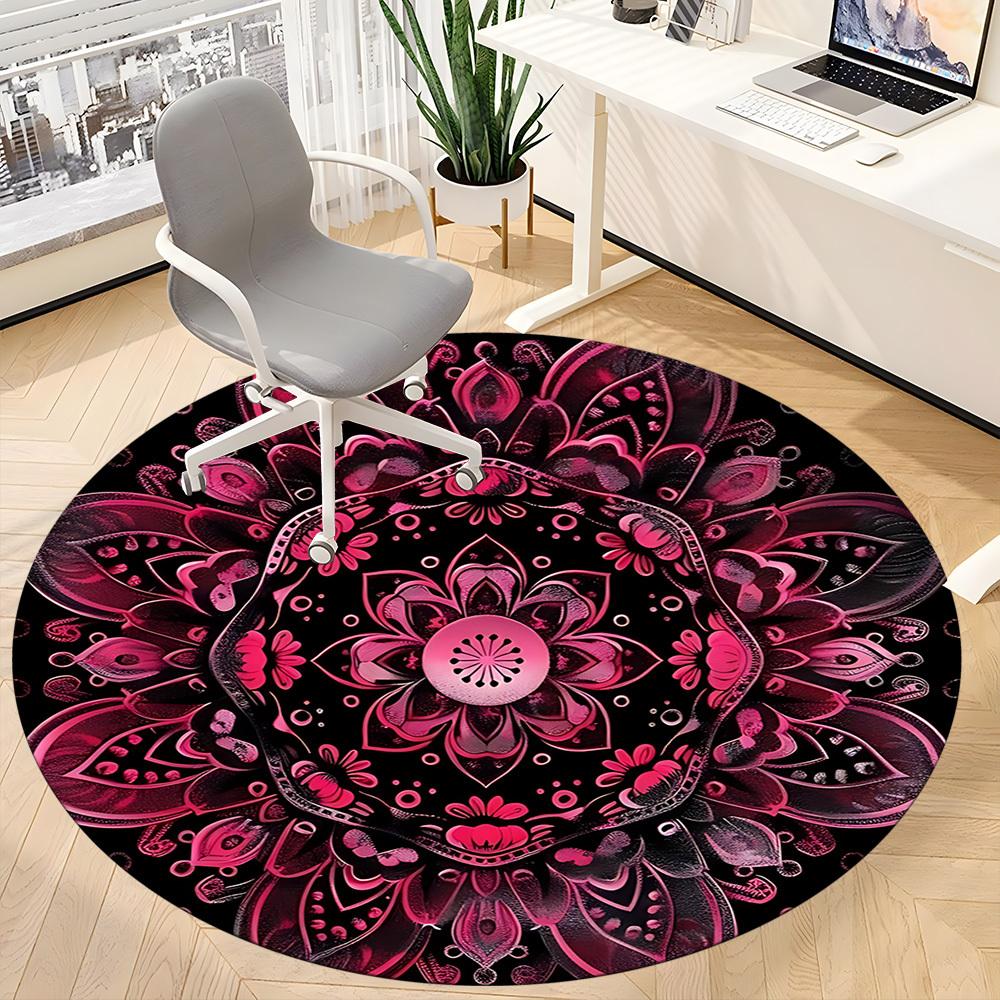 1PC Pink Lotus Mandala Office Round Rug, Non slip, Soft and Durable Office Rug for Interior Decoration, Perfect for Office