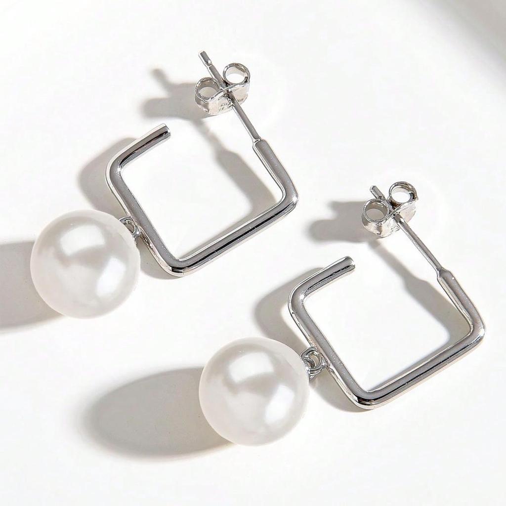 Korean Style Elegant Sterling Silver Pearl Geometric Dangle Earrings