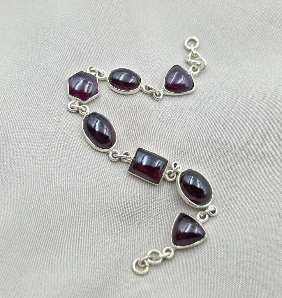 925 Sterling Silver Garnet Link Bracelet Natural Gemstone Handmade Artisan Jewelry Gift for Her