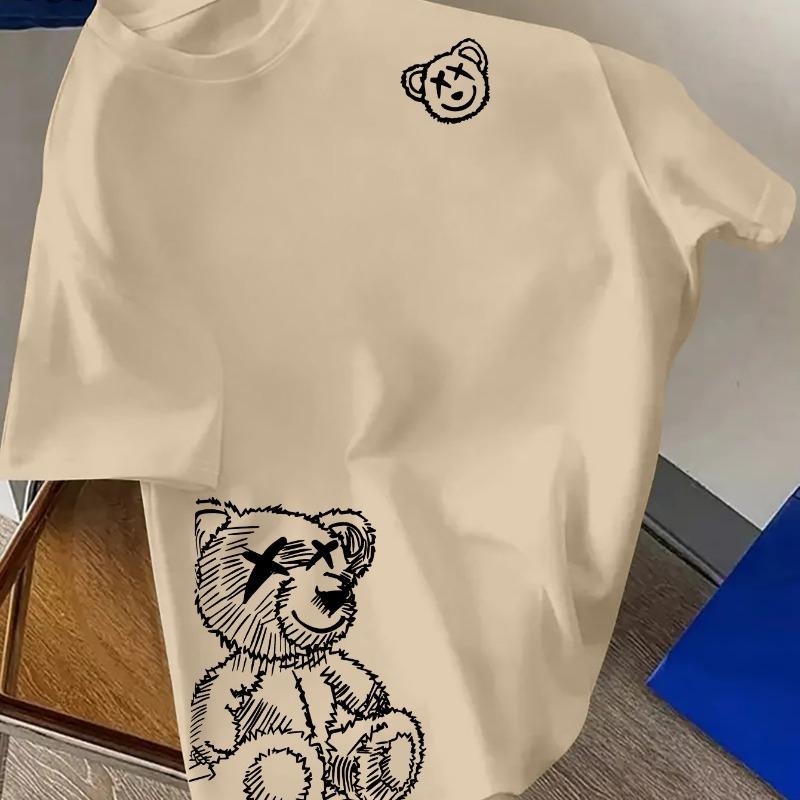 

Men s Cartoon Bear Pattern Printed Fashionable Casual Loose Sports Round Neck Short Sleeved T-shirt Top L