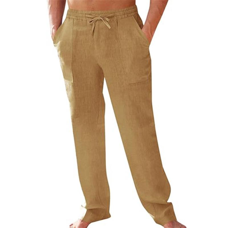 Men's Linen Casual Trousers with Elasticated Waistband Solid Colour, Relaxed Straight Leg with Drawstring Breathable and Stylish Long Trousers