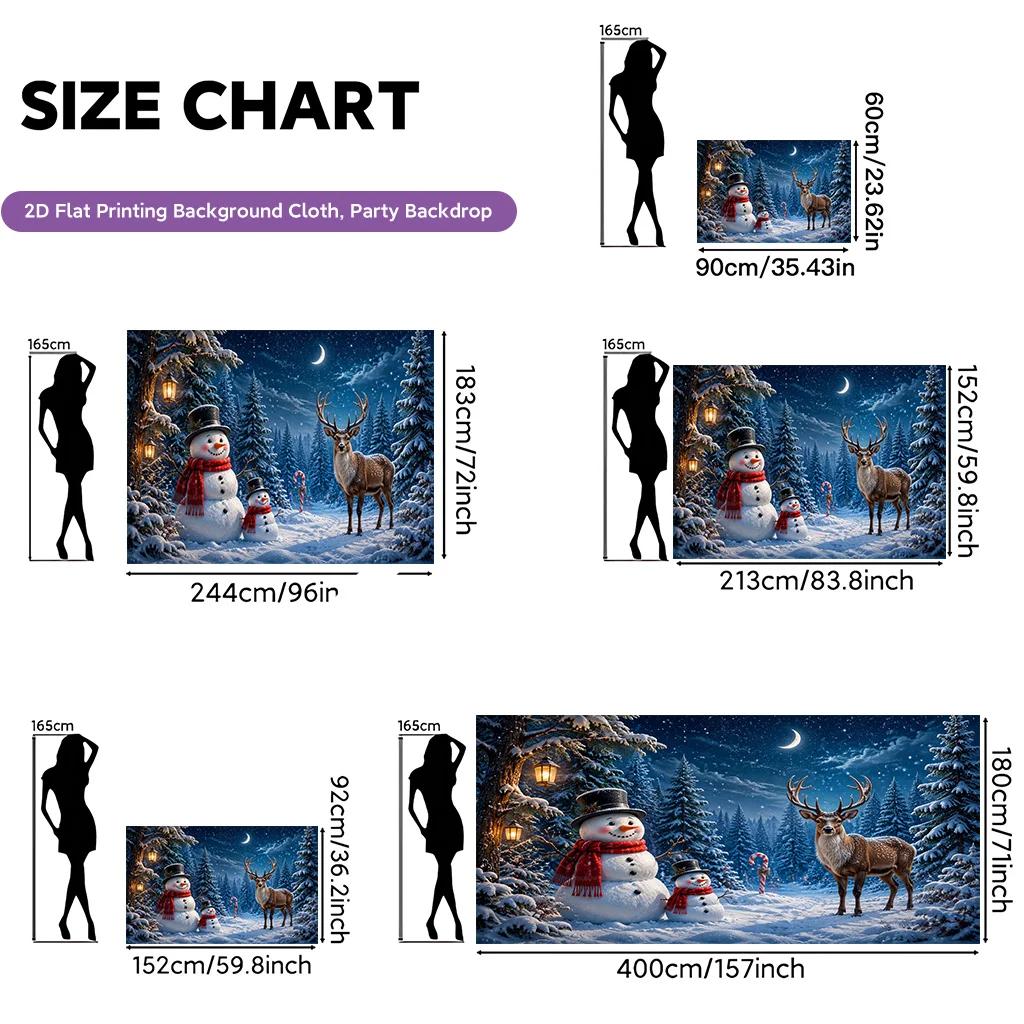 1 Piece of 2D Flat Background Fabric Polyester Decorative Pattern of Snowman and Deer Herd In the Night Forest sceneZL
