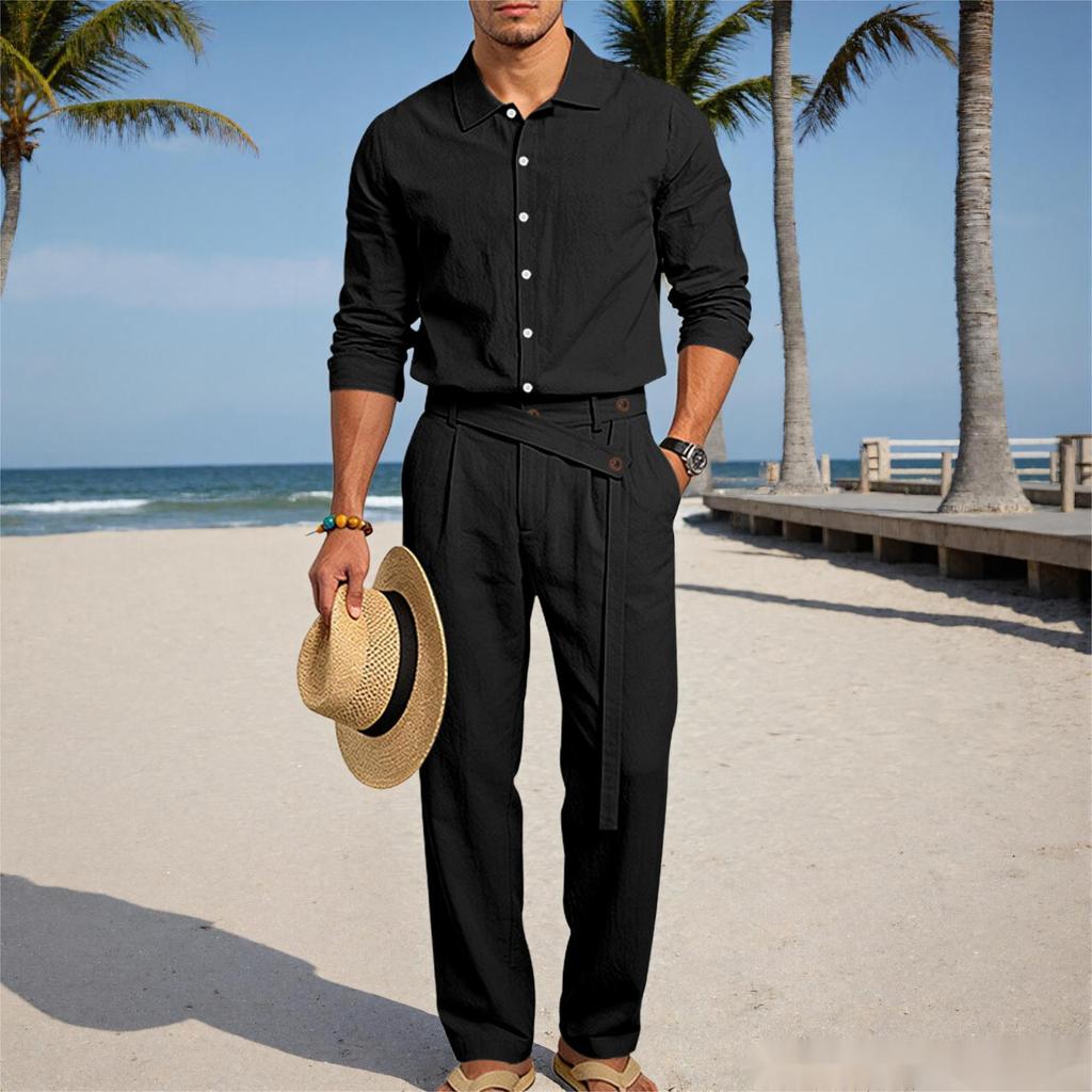 2026 European Men's Casual Loose Linen Lapel Shirt & Long Pants Set - Breathable Cotton Blend