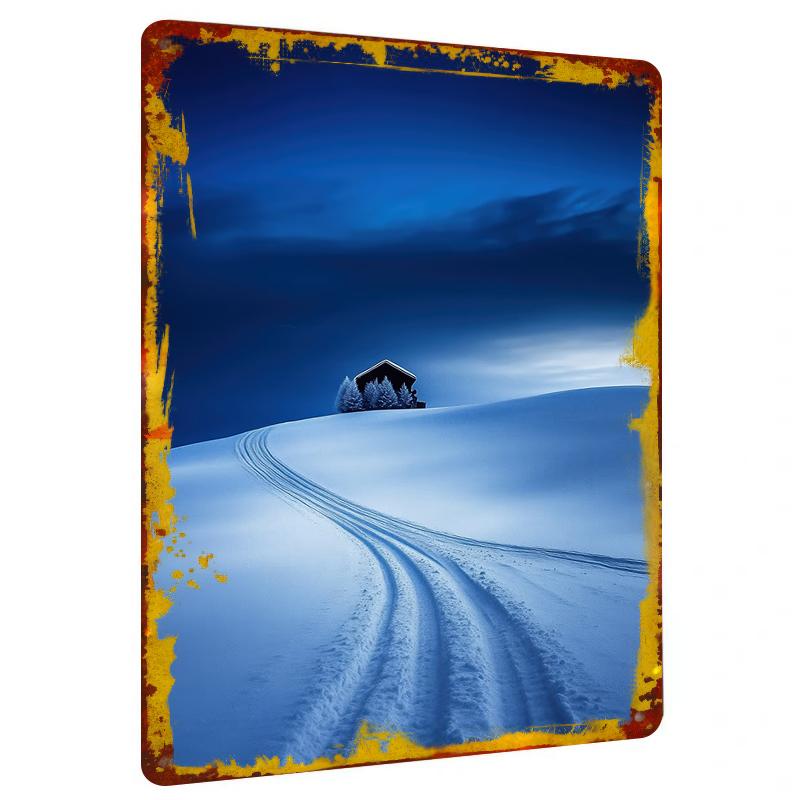 

Winter Mountain Cabin Snow Scene Metal Wall Art Modern Minimalist Home Decor Hanging Painting 20x30cm（7.8x11.8inch）