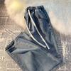 Dames Lichtblauwe Elastische Taille Denim Jeans: Lente/Zomer Los, Getailleerd, Recht, Wijde Pijpen, Petite, Casual, Comfortabel.