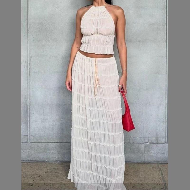 

Европейский и американский стиль сексуальный спинка свисающий воротник стиль плиссированный кружевной жилет длинная юбка комплект S белый