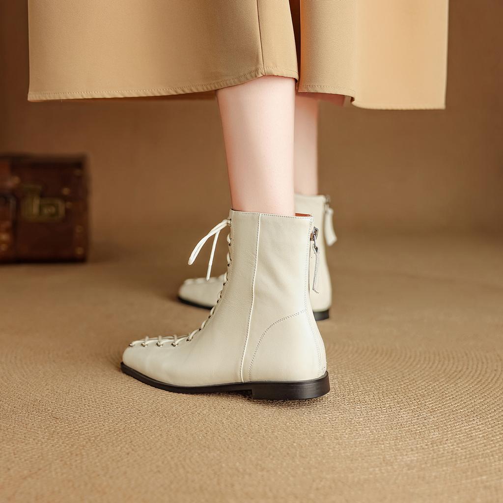 Fashion 2025 New Autumn Women Boots Genuine Leather Women Shoes Square Toe Low Heel Chelsea Modern Boots Zipper Short Boots Mid-calf