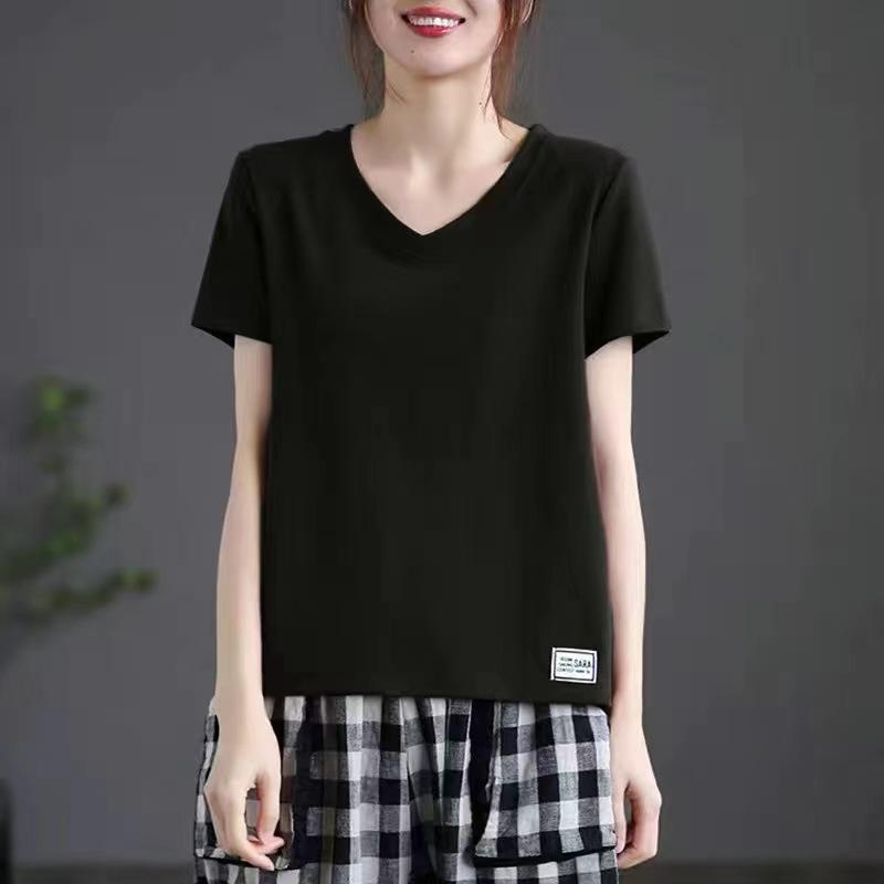 

Топ в иностранном стиле, белый, простой, с V-образным вырезом, с коротким рукавом, летняя новинка, универсальная, свободная, большого размера, футболка женская L чёрный