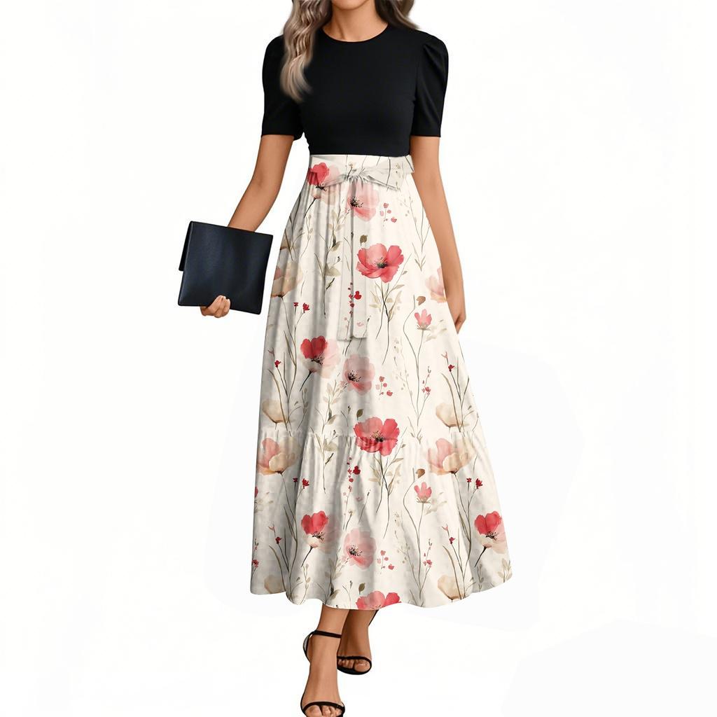 Women's Fashion Casual Belt Short Sleeve Round Neck Floral Stitching Elegant Temperament Dress