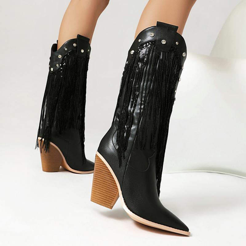 Fashion Ivory Rose Color Pointed Toe Western Cowboy Boots with Sequins Fringes Chunky High Heels Knee-high Glitter Mid-calf Boot Shoes