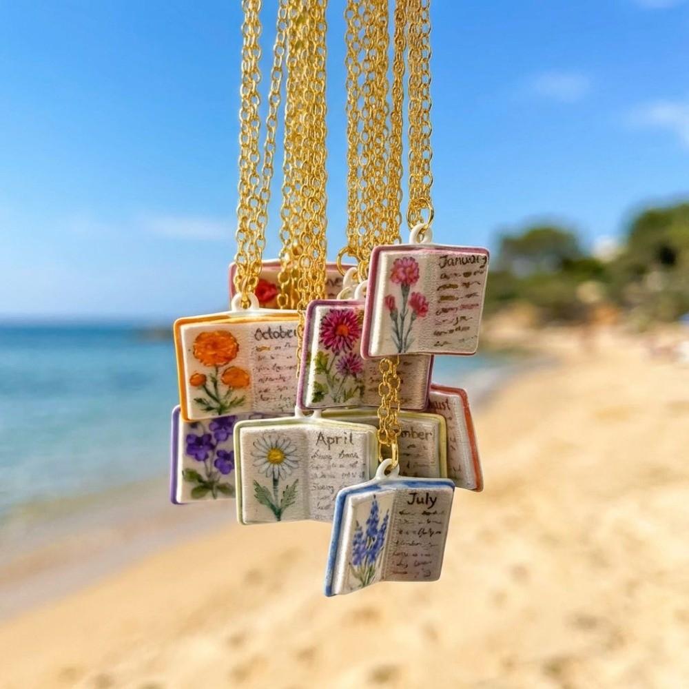 Flowers Birthday Necklace Month Design Sense Necklace Vintage Book Pendant Necklace Jewelry