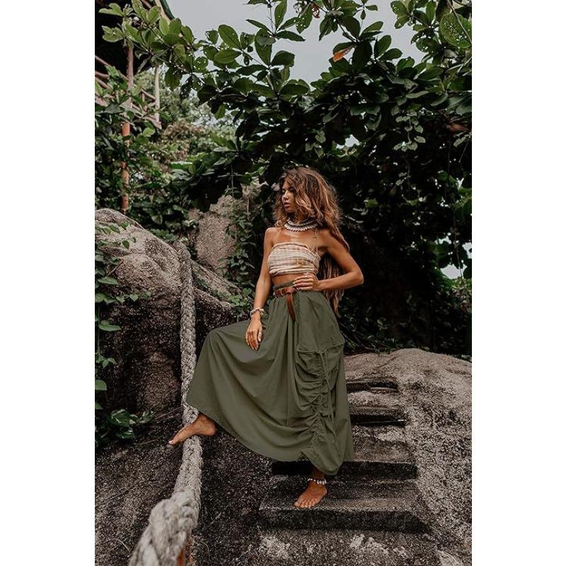 Gonna lunga ampia e ampia con coulisse e tasche larghe da donna in stile boho