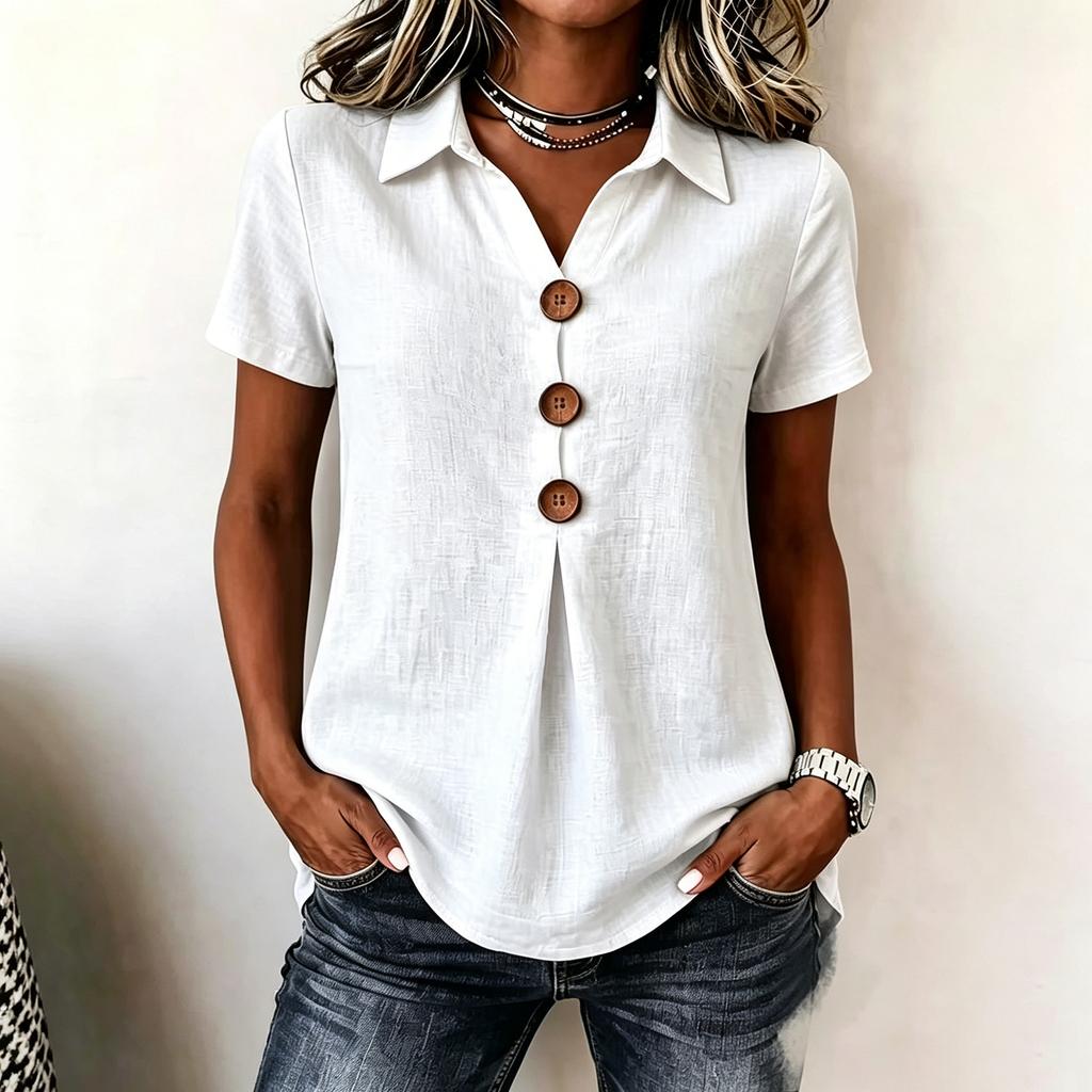 Women's Casual V Neck Button Front Shirt Short Sleeve Collared Blouse Lightweight Loose Fit Summer Top