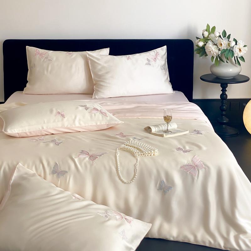 Silky Smooth 60s Lyocell Tencel Embroidered Bedding Set - Machine Washable Duvet Cover and Bed Sheet