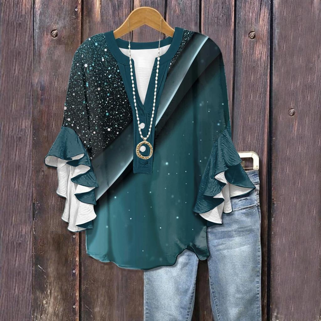 Summer Tops For Women Cute V Neck 3/4 Sleeve Blouses  Print Top Casual Shirts