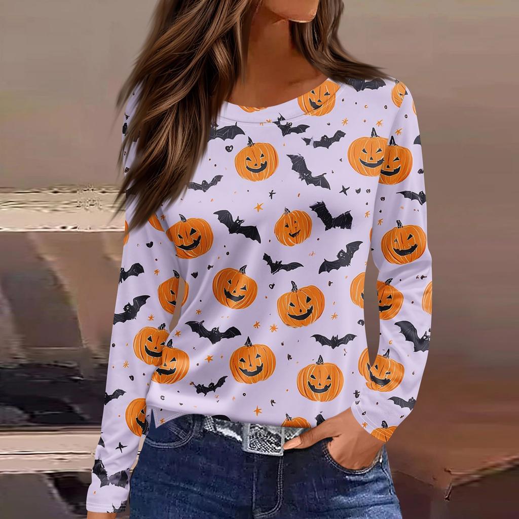 Women's Fashion Hem Slit Casual Halloween Printed Round Neck Long Sleeve Top
