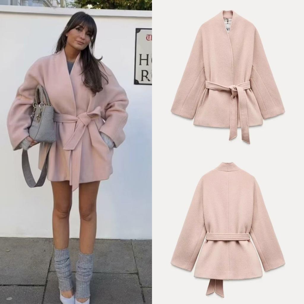 Elegante Damen Einfarbig V-Ausschnitt Bindegürtel Wolljacke 2025 Neue Mode Klassische Langarm Mäntel Herbst Schick Weibliche Streetwear