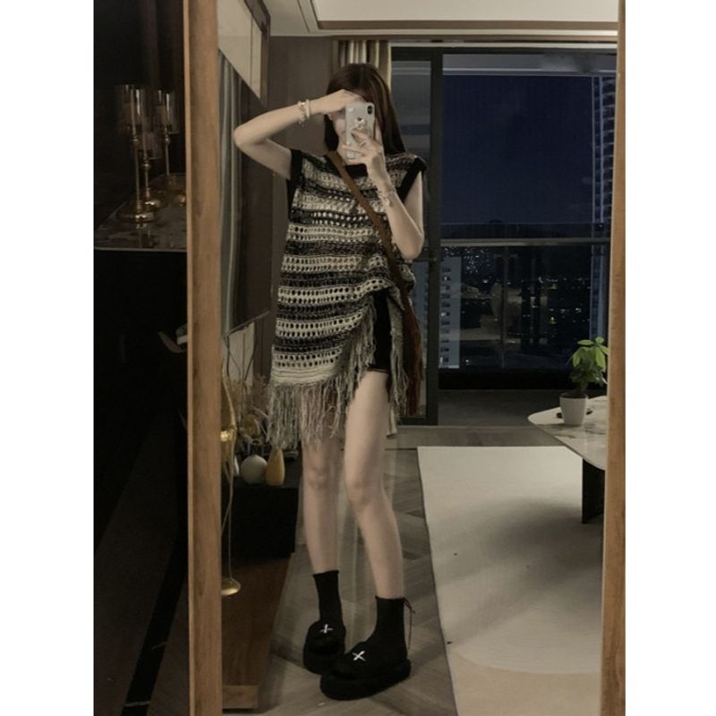 

Retro Sleeveless Summer Mid Length Long Length Tassel Hollow Shirt Cut Out Knitting vest S