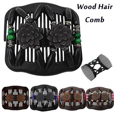 Bead Stretchy Women Hair Combs Double  Wooden Comb Clip Hairpins