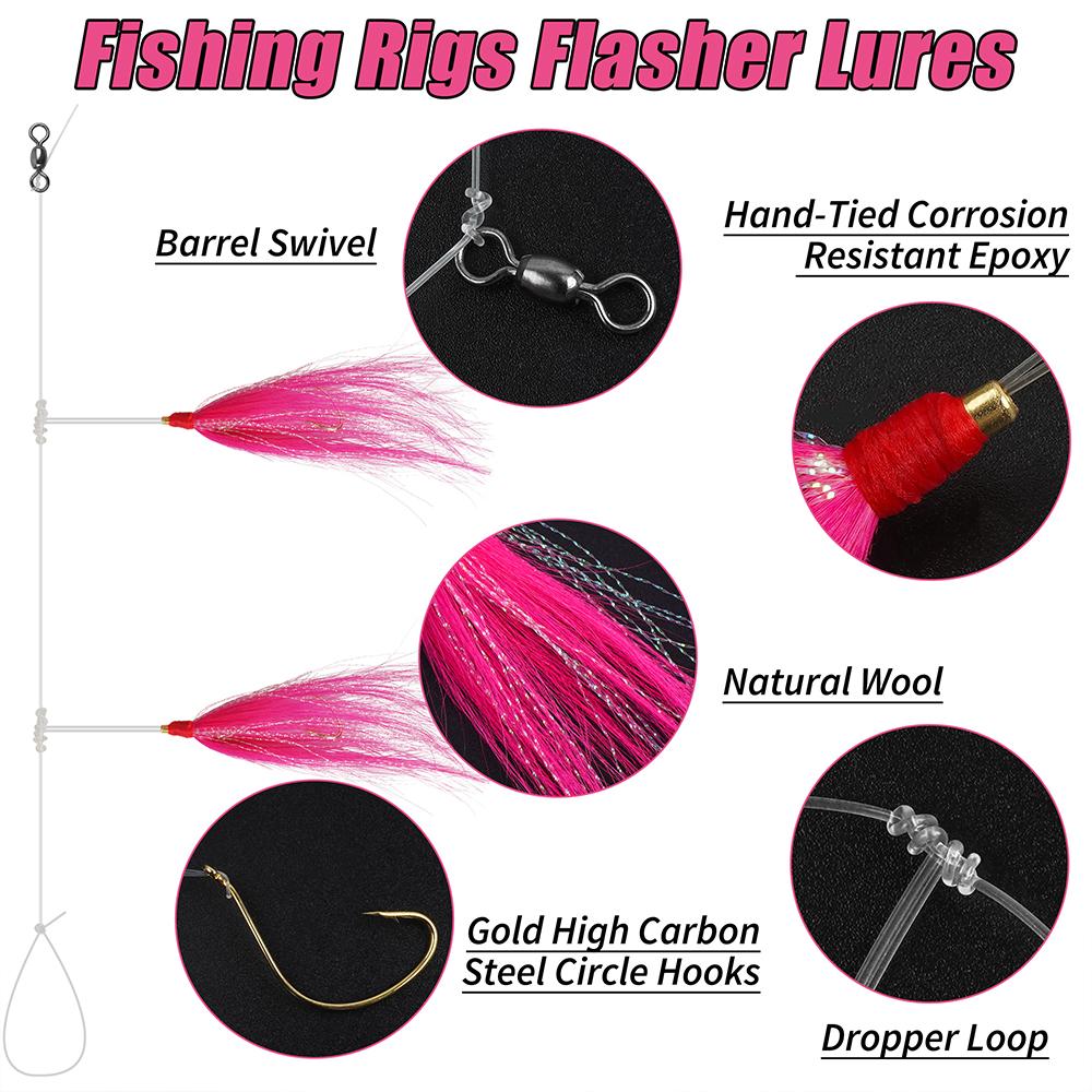 6Pcs Bucktail Teaser Fishing Lures Saltwater Rig Teaser Lure with 114cm/45in Leader Line Octopus Hooks and Barrel Swivel