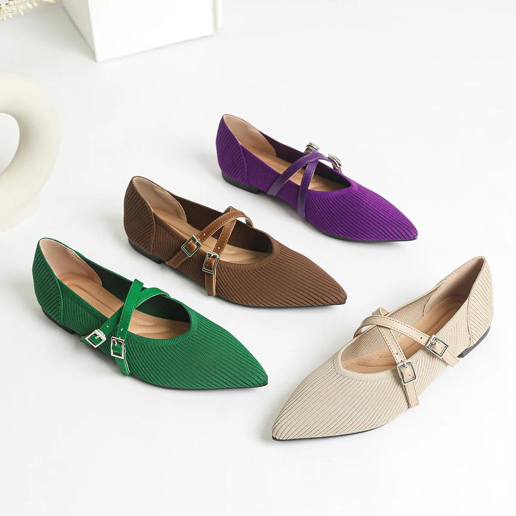 Women Mary Jane Shoes Pointed Toe 2025 Spring Shallow Cross Strap Women Dress Shoes Breathable Knitted Mid-heel Shoes Ladies