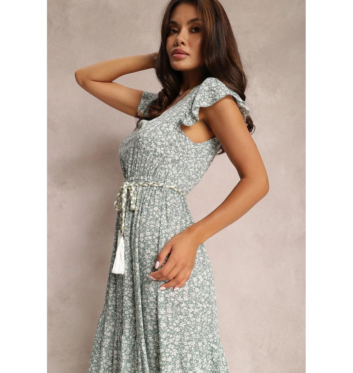 

Платье с V-образным вырезом и оборками, короткими рукавами и завязками на талии с цветочным принтом XL синий