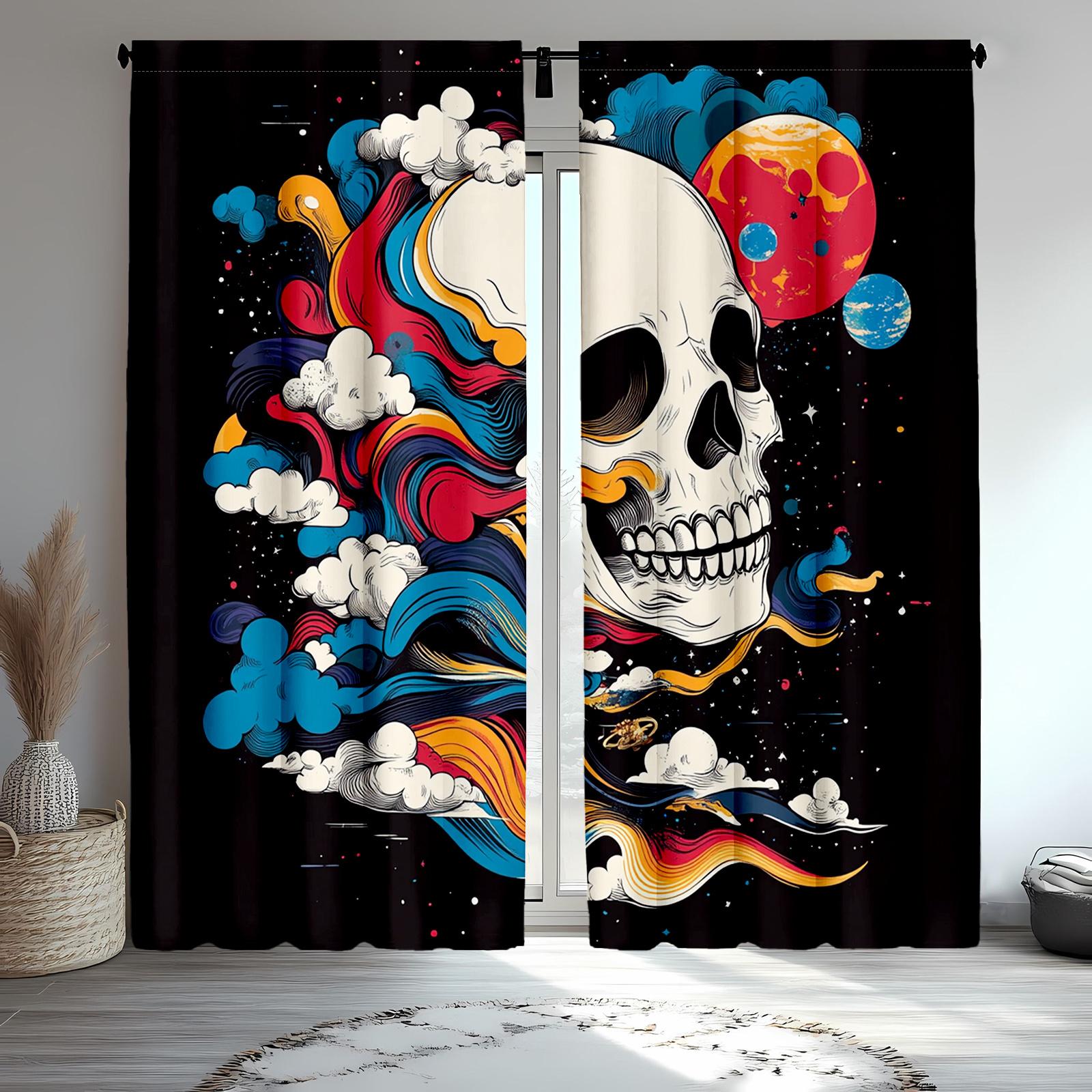 

2pcs Classic Skull and Skeleton Polyester Curtains Black and Red Ribbon Drapes for Living Room and Bedroom Decor 100*130 HOOK 1pcs