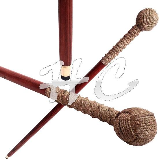 Vintage handgefertigter Gehstock aus Holz, Antik-Jute-Seilgriff, Spazierstock