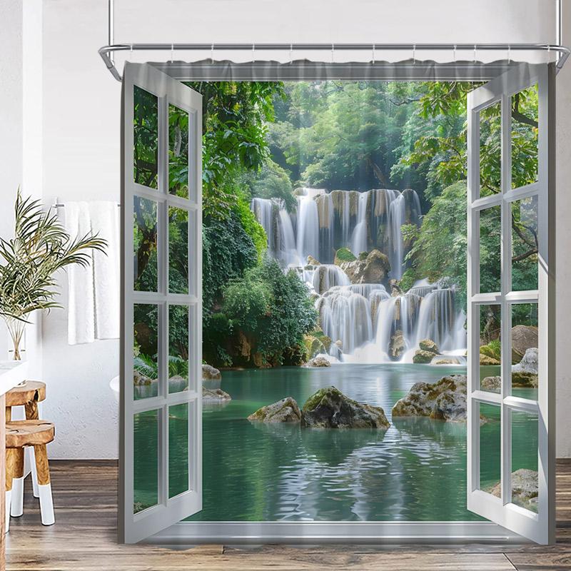 Waterfall Landscape Shower Curtain Forest Lake Window Outside Nature Scenery Modern Home Bathroom Decor Bath Curtains With Hooks