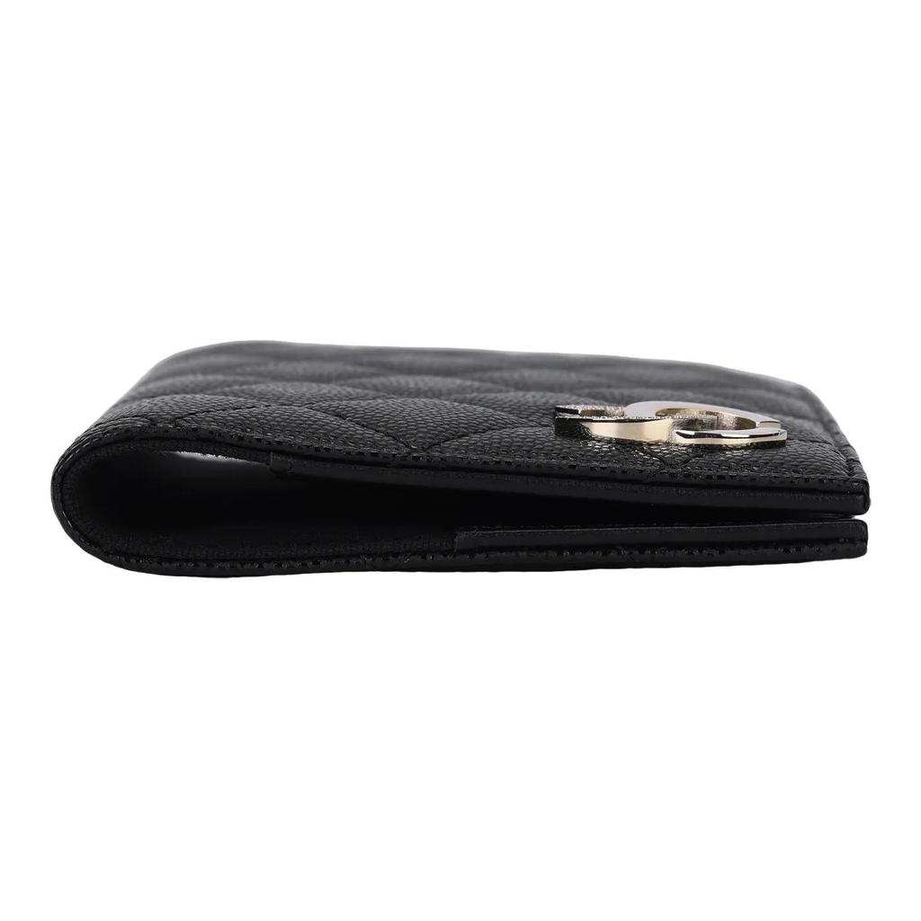 CHANEL 24B brand logo metal logo diamond pattern flip cover opening and closing  lychee grain leather passport clip wallet  black