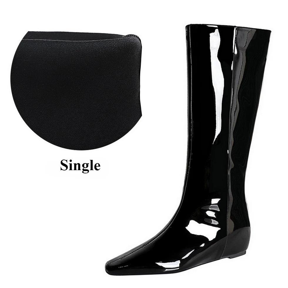 

BIGTREE Новые черные туфли на танкетке Женские современные ботинки Женская обувь Мода Роскошь Острый носок Женские длинные до колена Западные сапоги 40