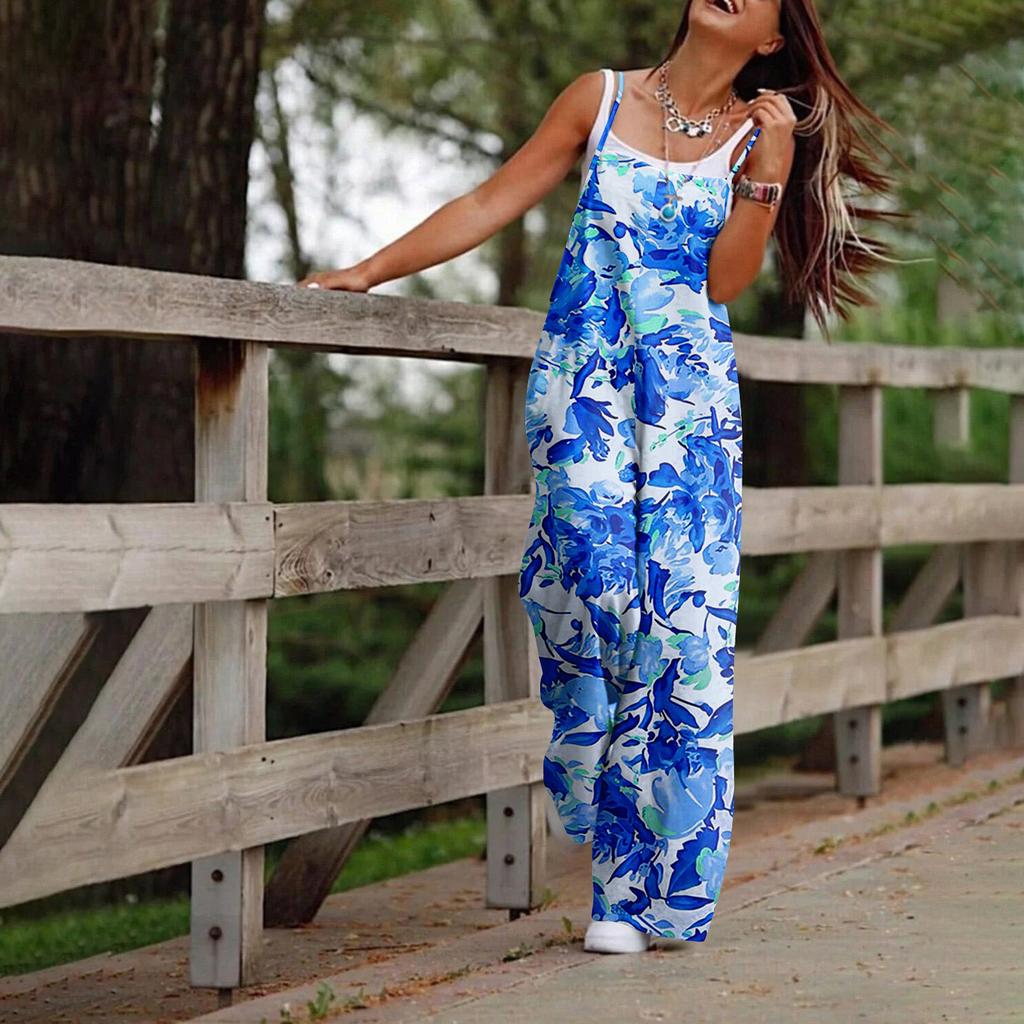 Wide Leg Overalls For Women Casual Loose Sleeveless Print Button Long Pant Romper Jumpsuit With Pockets