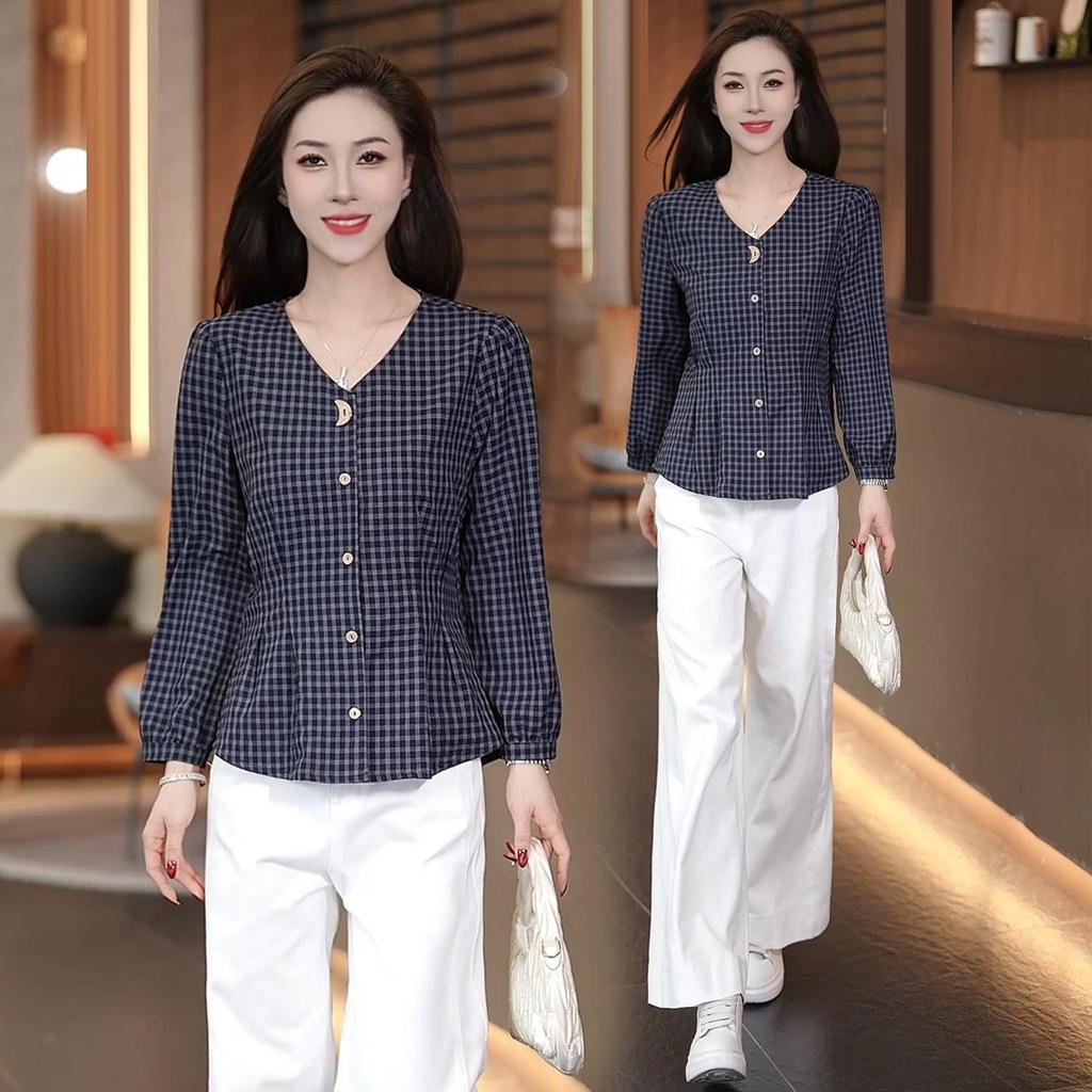 Camicia a Maniche Lunghe a Quadri Retro Chic con Scollo a V Snellente per Donna - Collezione Primavera 2026