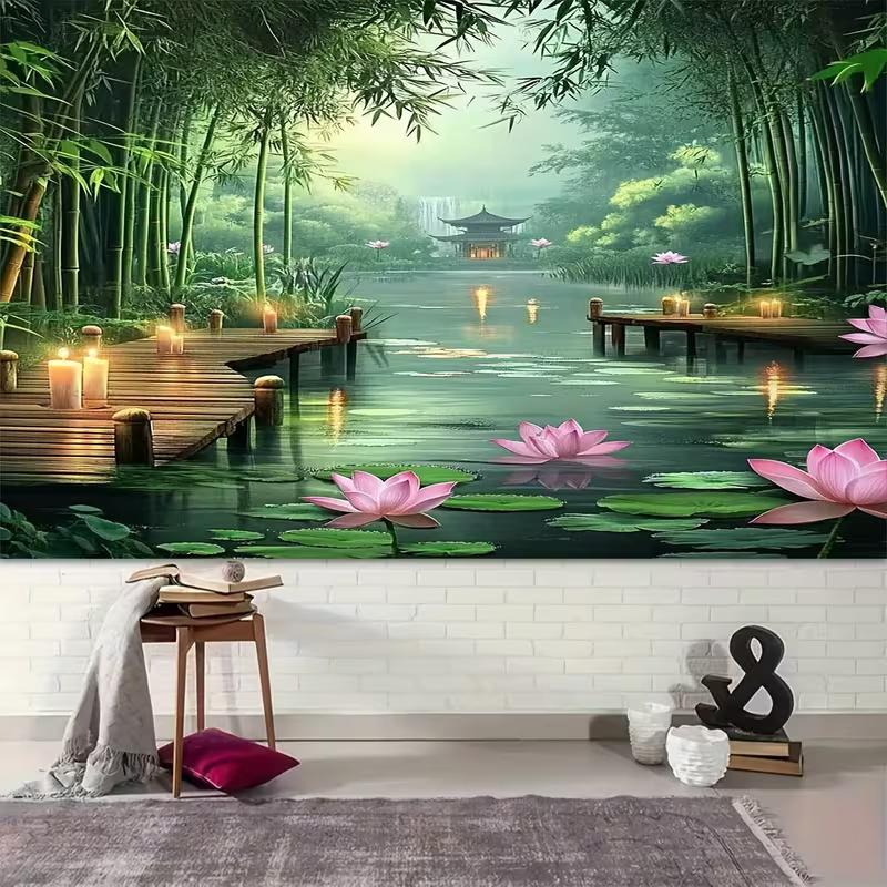 2D Zen Garden Bamboo Lake Tapestry Oriental Pavilion Wall Art Backdrop
