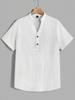 Herren Weiß Leinenmischung Kurzarm Henley-Shirt, Mandarinkragen 2 Knöpfe Halbknopfleiste Lockerer Schnitt Atmungsaktiv Lässig Sommer Strand Basis Top