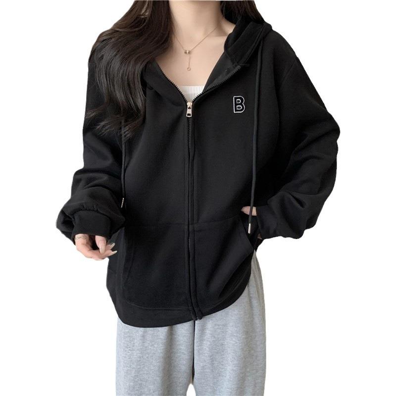 Women's Thick Fleece-Lined Hooded Zipper Cardigan - Loose Fit, Spring/Autumn 2023, Milk-Toned with Drawstrings