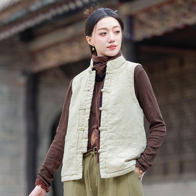 Johnature Women Vintage Coats Stand Sleeveless Button Solid Color Cloths Winter Button Coats