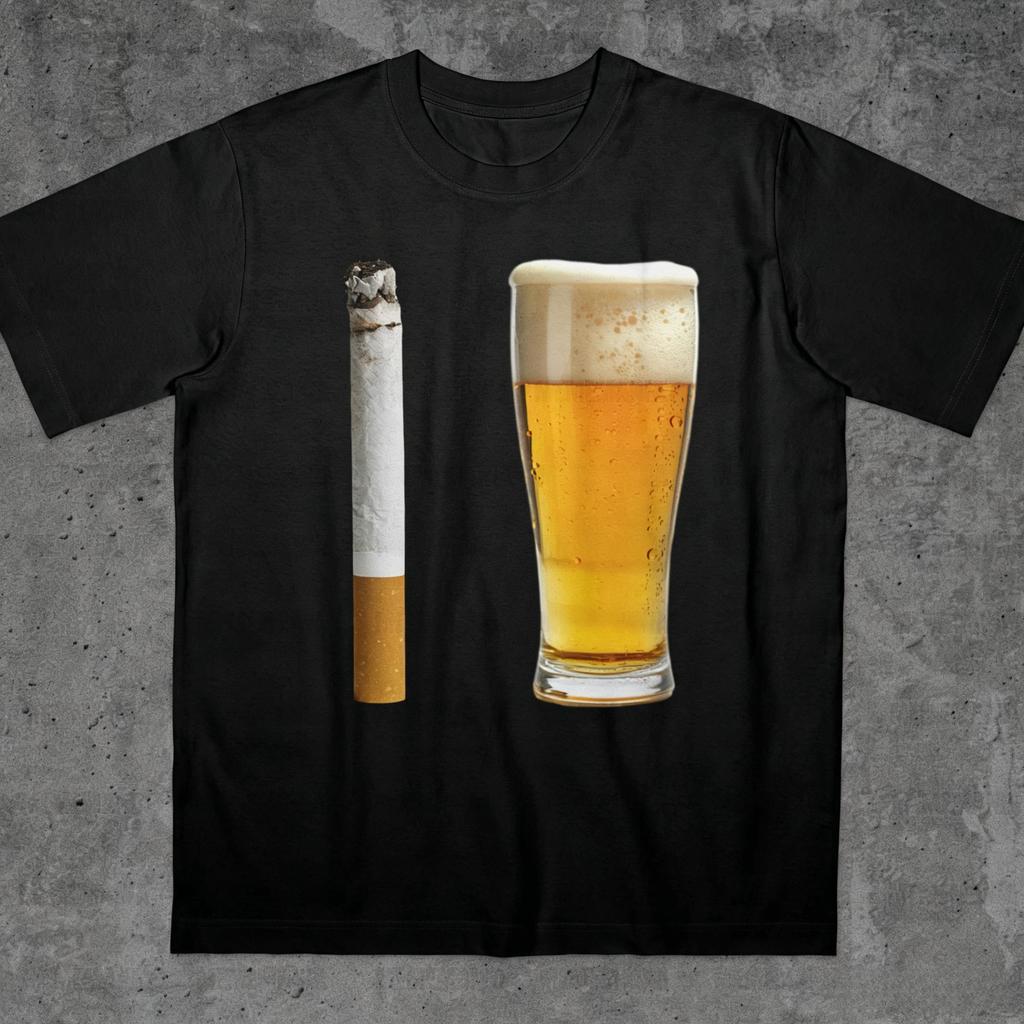 Beer and Cigarette Funny Printed Cotton T Shirt Alcohol Beer Men Women Tee Short Sleeve Round Neck Causal Summer Women Clothing
