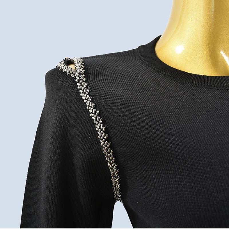 Round Neck Hand-Stitched Beads Cut Out Craft Knitting Long Sleeves Silm Bottoming Shirt Stylish Women's Clothing