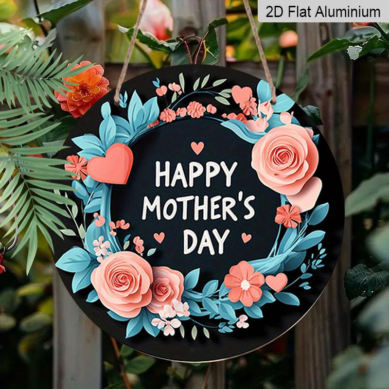 2D Flach, 1 Stück Vintage Muttertag Rundes Aluminium-Wandschild - Rosa Rosen & Türkiser Blumenkranz mit Text 'Alles Liebe zum Muttertag', Herz-Ausschnitte