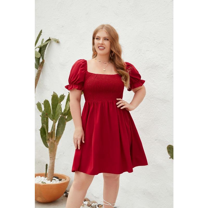 Plus Size Women's Plus Size Solid Color Casual Vacation Travel Square Neck Bubble Sleeve Dresses