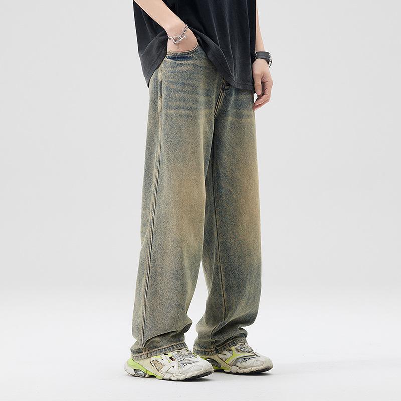 American Classic Style Washing and Old Yellow Mud Jeans Men and Womens Same Comfortable Fit Straight Wide-leg Trousers